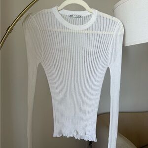 Zara White Ribbed Knit Blouse